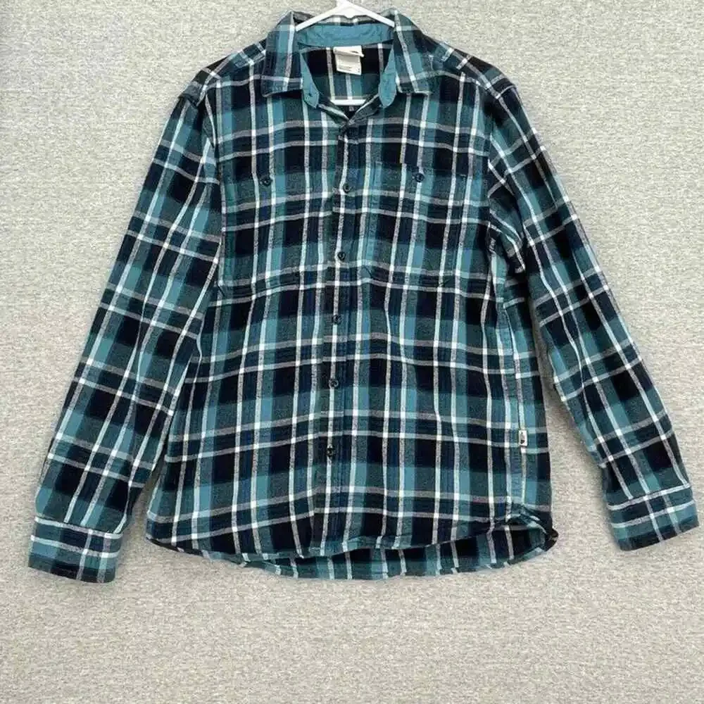 The North Face Shirt Mens Medium Teal Blue Black Plaid Button Up Long Sleeve